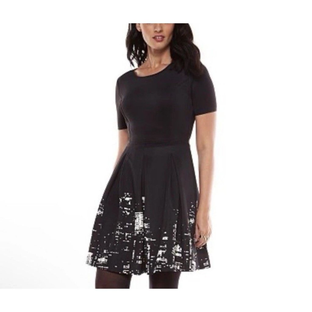 Elie Tahari A Line Dress 6 Black Ivory Night Combo Short Sleeve Washable Career